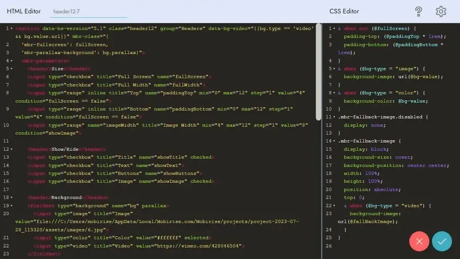 Der Code-Editor zeigt das HTML und CSS eines Blocks zur direkten Bearbeitung.