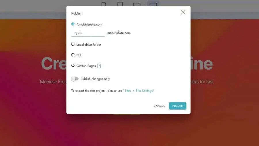 Der Veröffentlichungsdialog mit den Zielen lokaler Ordner, FTP und Subdomain.